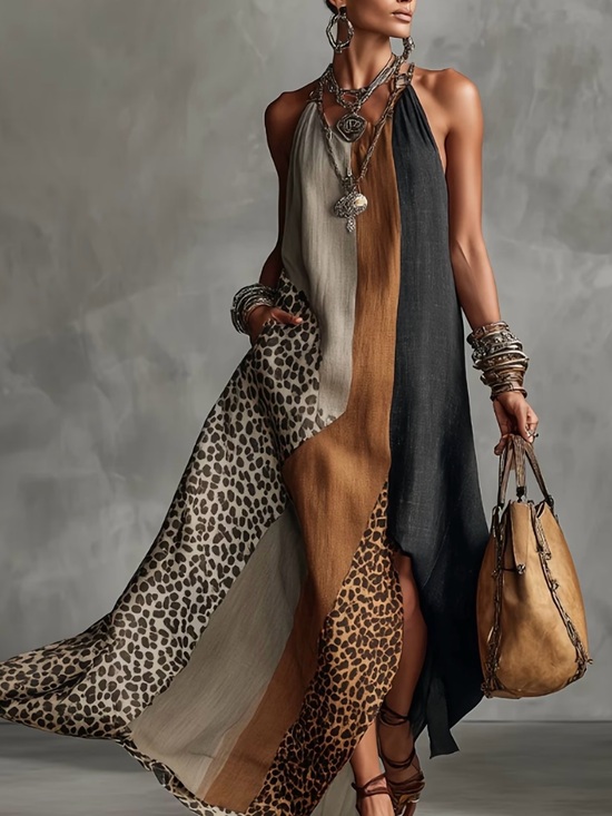 Temu Dresses & Skirts - Colorblock Halter Maxi Dress with Leopard Panels - Black/Brown/Cream